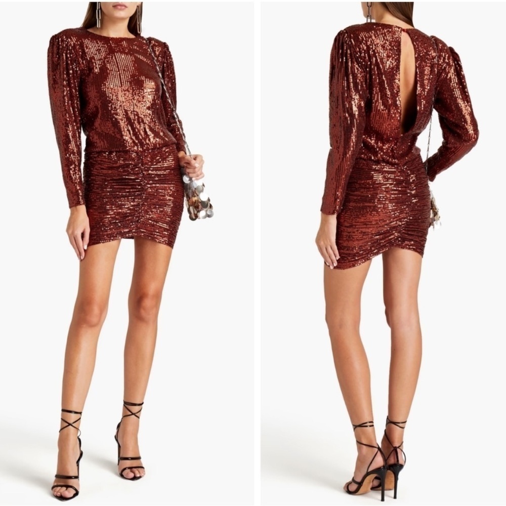 NWT Retrofete Flynn Dress Sequin Sparkle Bronze Mini Ruched Party Birthday Sz S